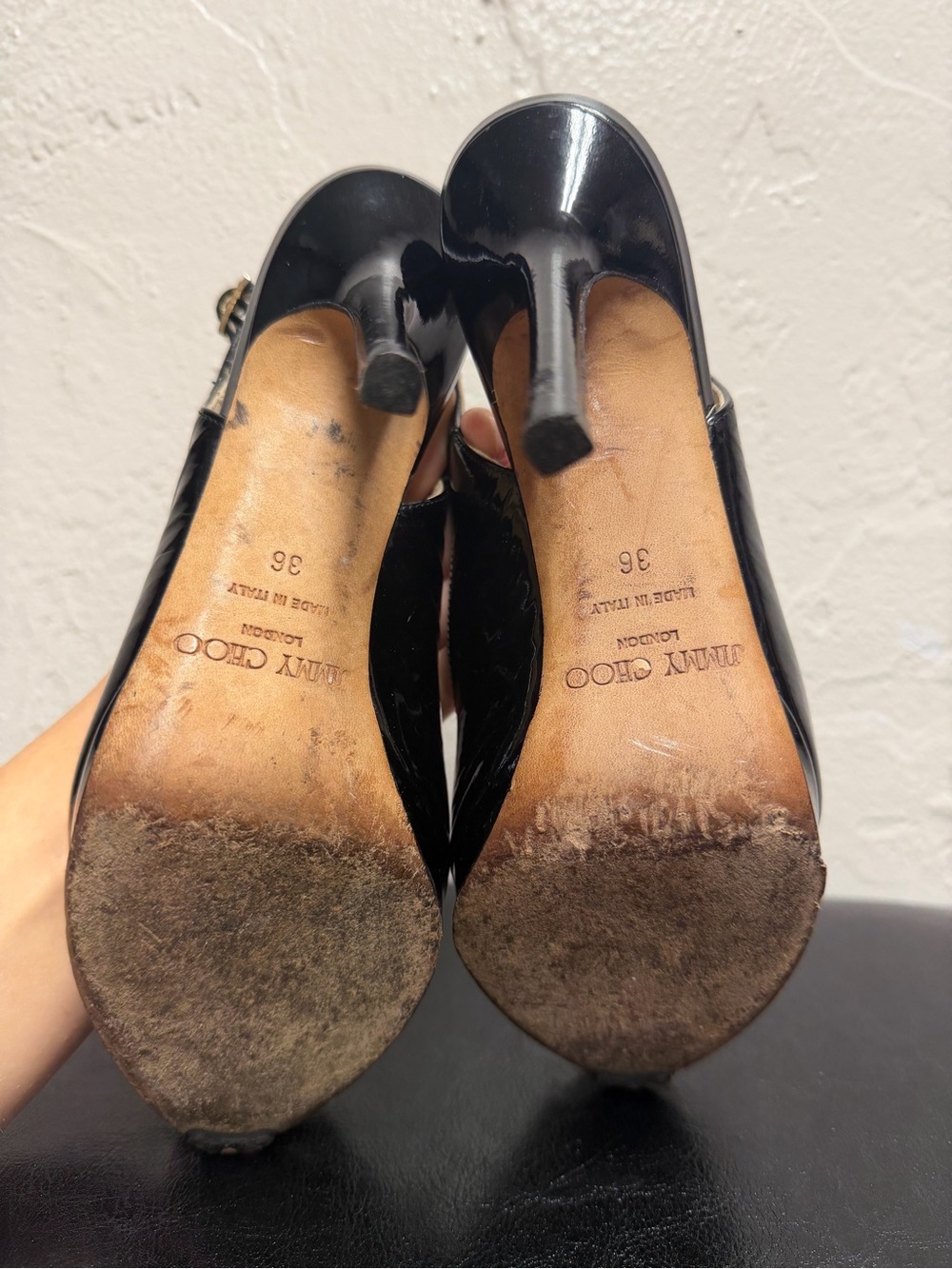 Jimmy Choo Black Patent Leather Peep-Toe Slingback Heels - Picture 14 of 15
